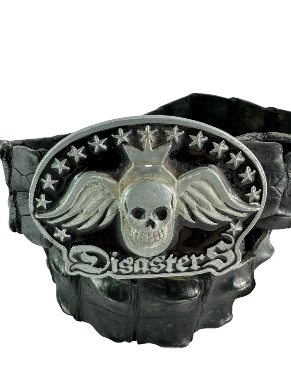 Genuine DISASTERS Skull buckle with black crocodile hornback belt size 36